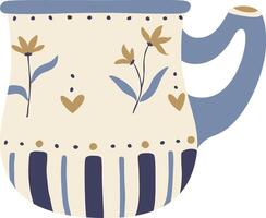 Cozy mug with flowers and hearts decorations, simple lines, pastel colors and blue handle creating a warm and inviting atmosphere, perfect for enjoying a hot beverage vector