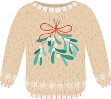 Cozy beige Christmas sweater featuring a mistletoe decoration tied with a red ribbon and a festive snowflake pattern along the bottom, perfect for the holiday season vector