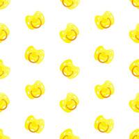Yellow dummies seamless pattern. Front view pacifiers. Background, print, packaging design vector
