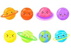 Kids colourful cartoon planet set of illustrations. Kawaii character. Galaxy, space, universe vector