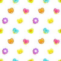 Colourful dummies seamless pattern. Front view pacifiers. Background, print, packaging design vector