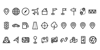 Outline black map icons set. Signs of location, navigation, refuel, travelling and pointers. vector