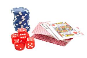 poker chips, cards and red dice cubes isolated photo