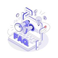 Technical Support. Speaker in arm. A large inscription FAQ. The Hand comes out of the Screen and Holds a Megaphone. Isometric illustration vector
