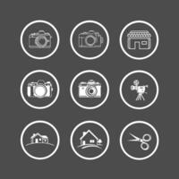 Cinema and movie icon set, home, camera, scissors vector