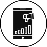 A black and white icon of a phone with a bar chart vector