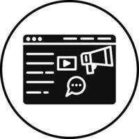 A black and white icon of a website with a megaphone and a vector