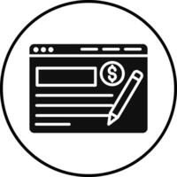 A black and white icon of a pen and paper with a dollar sign vector