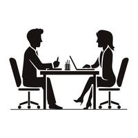A minimalistic black and white illustration of a job interview, depicted as a simple silhouette icon symbol graphic vector