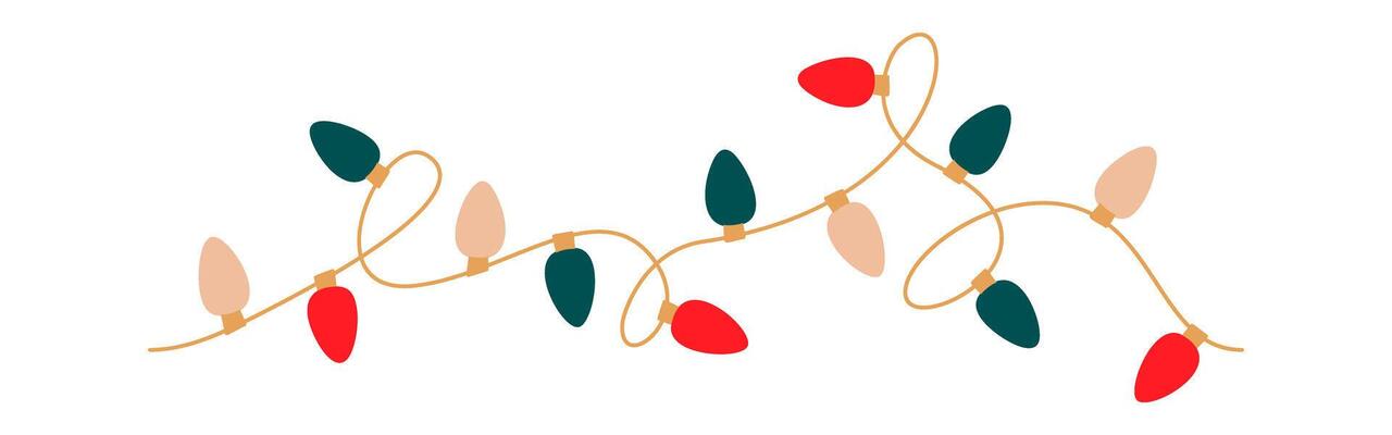 Christmas lights tangled garland with colored bulbs. Glowing Xmas festive string decoration with hanging retro lamps lightbulb for holiday cards, banners, posters, web. Isolated illustration