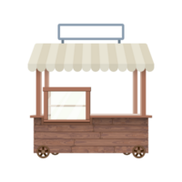 Wooden street shop cart mock up isolated with window display and blank signboard graphic. Small business and street food concept. png