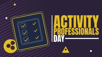 A poster for Activity Professionals Day. The poster features a purple background with a white border. The poster has a white text that reads vector