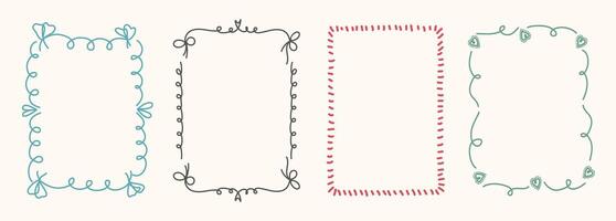 Hand Drawn frame set with doodle bows, ribbons. Whimsical line borders for birthday, christmas, wedding Invitations. Coquette bow set. Vintage minimalist elements in trendy line art style. illu vector