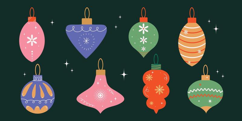 Christmas baubles set with trendy geometric ornament. Xmas background for decorations, gift, poster, greeting card. Merry Christmas balls in flat, minimalist, style, hand drawn. illustration.