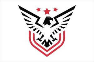 Minimal line eagle logo with wing, falcon, star, and shield in ribbon design vector