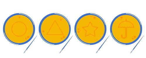 Korean Dalgona sugar toffees, sweets with signs triangle, circle, umbrella and star. vector