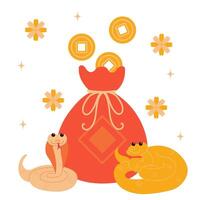 Chinese money bag with a lot of gold coins, snake as symbol of year 2025. Spring festival, lunar new year, Chinese new year concept. Flat illustration. vector