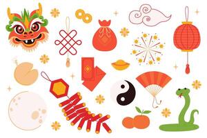 set of Lunar year decorations elements. Chinese new year illustration in flat style. All elements are isolated. vector