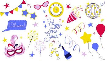 Happy New Year Icon set for invitations, party, event, celebrations 31 December. Simple, fun designs. Illustration in flat style isolated on white background vector