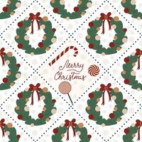 Simple Christmas seamless pattern. Merry Christmas wishes and wreath illustration. Pattern in background. vector