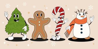 Christmas Characters in groovy retro style. Elements for Merry Christmas and Happy New year greeting card, poster, party invitation. vector