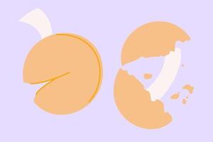 Fortune cookies illustration. Closed and opened Chinese shortbread with blank paper for message, wishing, surprise. Illustration on flat style vector