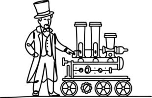 Victorian Inventor Introducing Steampunk Locomotive Illustration vector