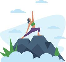 Yoga Warrior Pose on Mountain Peak with Clouds and Nature Background vector