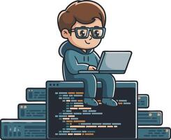 Young Programmer Illustration Coding on Laptop with Debugging Screens vector