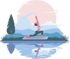 Yoga Pose by Tranquil Lake at Sunrise with Mountain and Tree Reflection vector