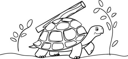 Turtle Carrying Log Cartoon Illustration Black and White Art Nature Theme vector