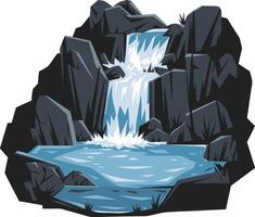 Illustration of Cascade Waterfall Flowing Over Dark Rocks into Pool vector