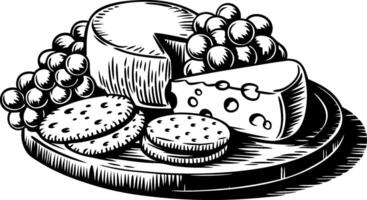Cheese Grapes and Crackers on Wooden Platter Black and White Illustration vector