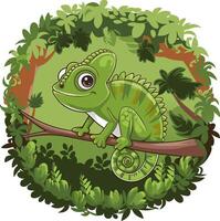 Vibrant Green Chameleon Perched on Tree Branch in Jungle Forest Art vector