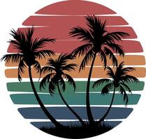 Vibrant Palm Tree Silhouette with Retro Rainbow Sunset Art vector