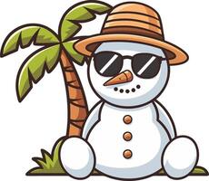 Tropical Snowman in Summer Beach with Palm Tree and Sunglasses vector