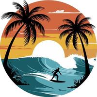 Tropical Sunset Surfing with Palm Trees and Ocean Waves Silhouette Art vector