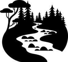Silhouette Forest River Scene with Trees and Rolling Hills vector