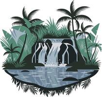 Tropical Jungle Waterfall with Palm Trees and Lush Greenery vector