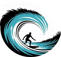 Surfer Riding Wave in Dynamic Retro Style Illustration vector