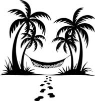 Tropical Paradise Silhouette with Hammock and Palm Trees vector