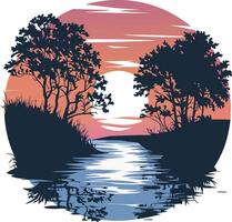 Sunset River Scene with Tree Silhouettes Tranquil Nature Landscape Art vector