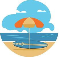 Vibrant Beach Scene with Umbrella Surfboard and Ocean Waves Illustration vector