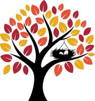 Vibrant Autumn Tree with Nest and Colorful Leaves Illustration vector