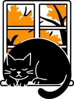 Sleeping Black Cat on Windowsill with Autumn Tree Silhouette and Orange Leaves Background vector