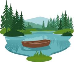 Tranquil Mountain Lake with Rowboat and Pine Forest in Scenic Nature Illustration vector