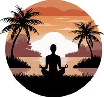 Tranquil Meditation Silhouette at Tropical Sunset with Palm Trees vector