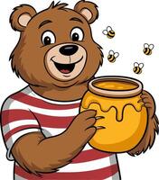 Smiling Cartoon Bear Holding Honey Jar with Bees in Stripe Shirt Illustration vector