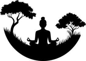 Tranquil Meditation Silhouette with Trees and Grass Scene vector