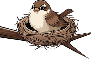 Charming Sparrow Sitting in a Nest on Branch Illustration for Nature and Wildlife Themes vector